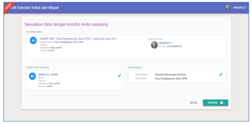 edit sekolah induk dan mapel sim pkb